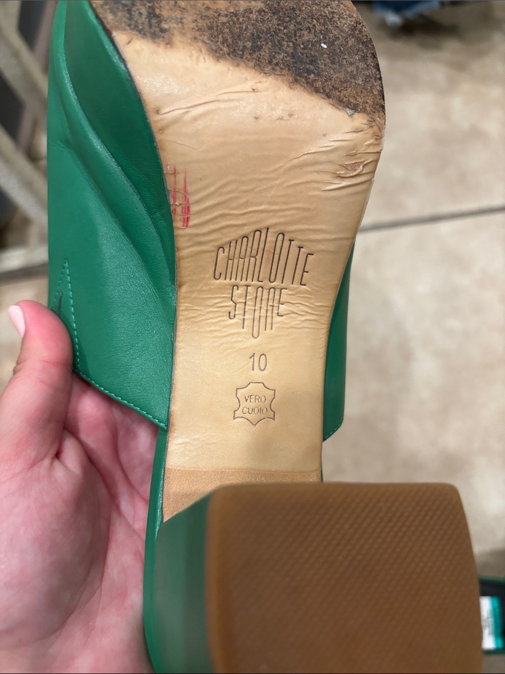Charlotte Stone Green Leather Platform Heeled Sandals - Picture 6 of 7